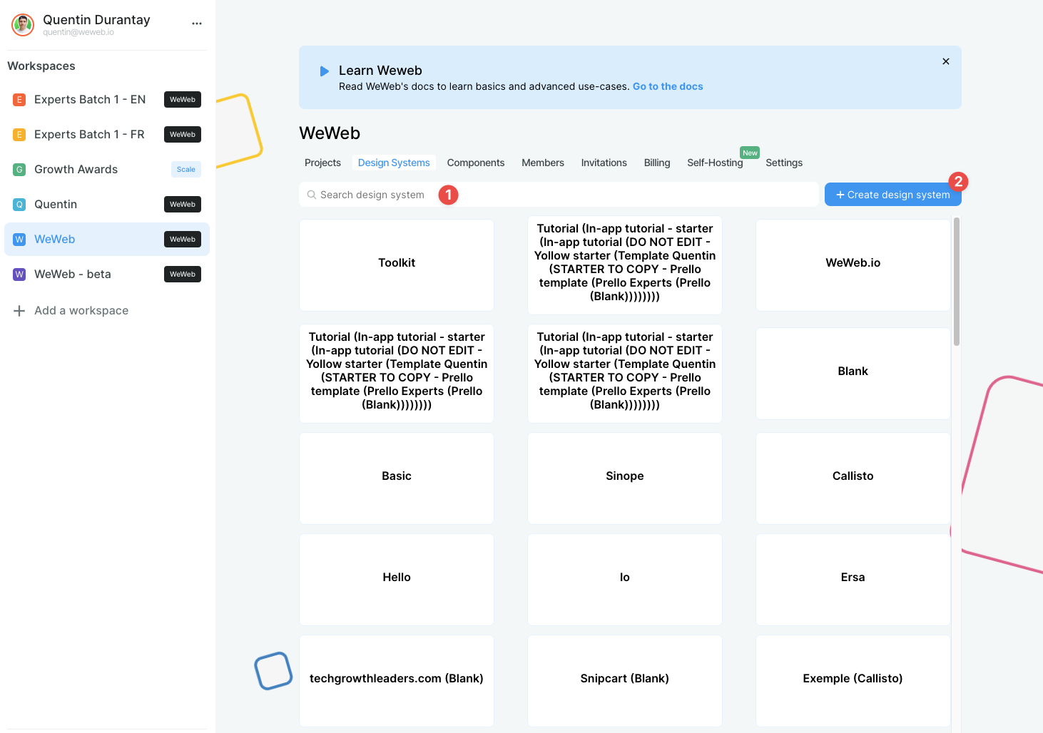 The design system tab inside a WeWeb workspace
